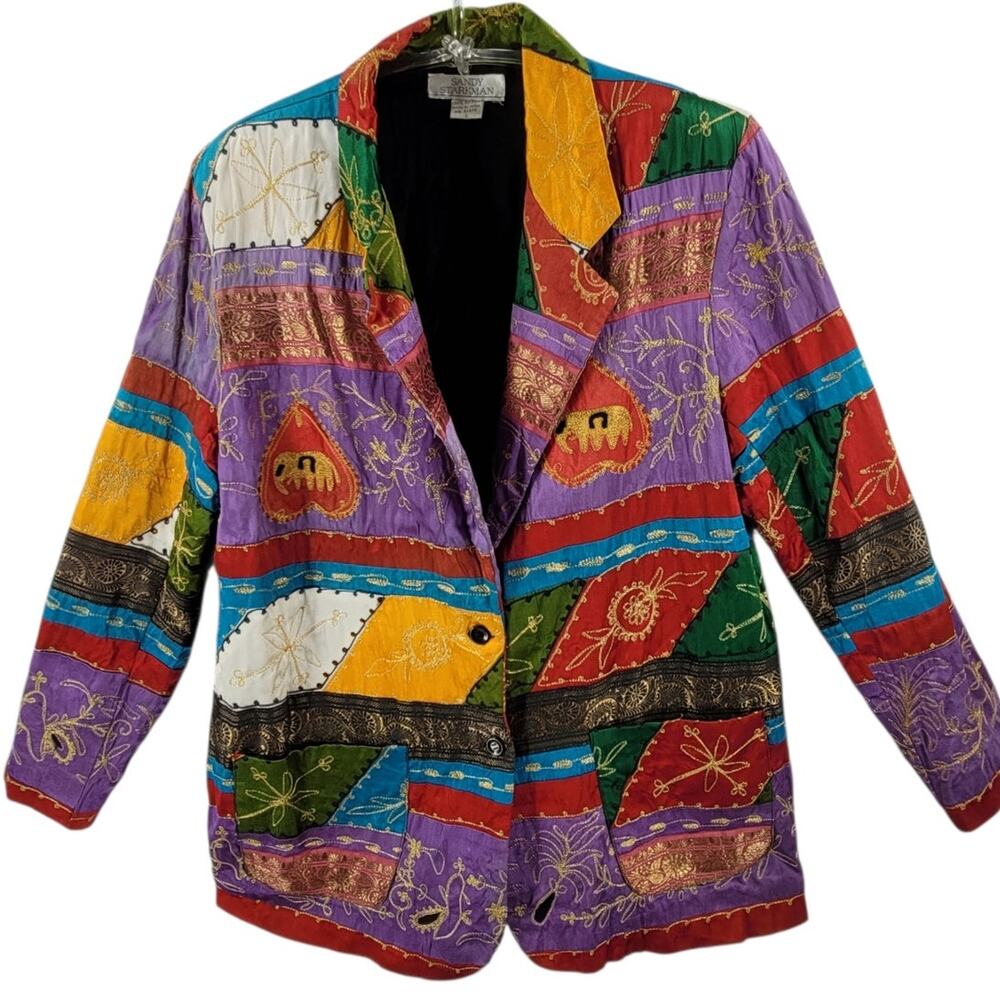 1980s Sandy Starkman‎ Multicolor Elephant Embroidered Patchwork Blazer Boho